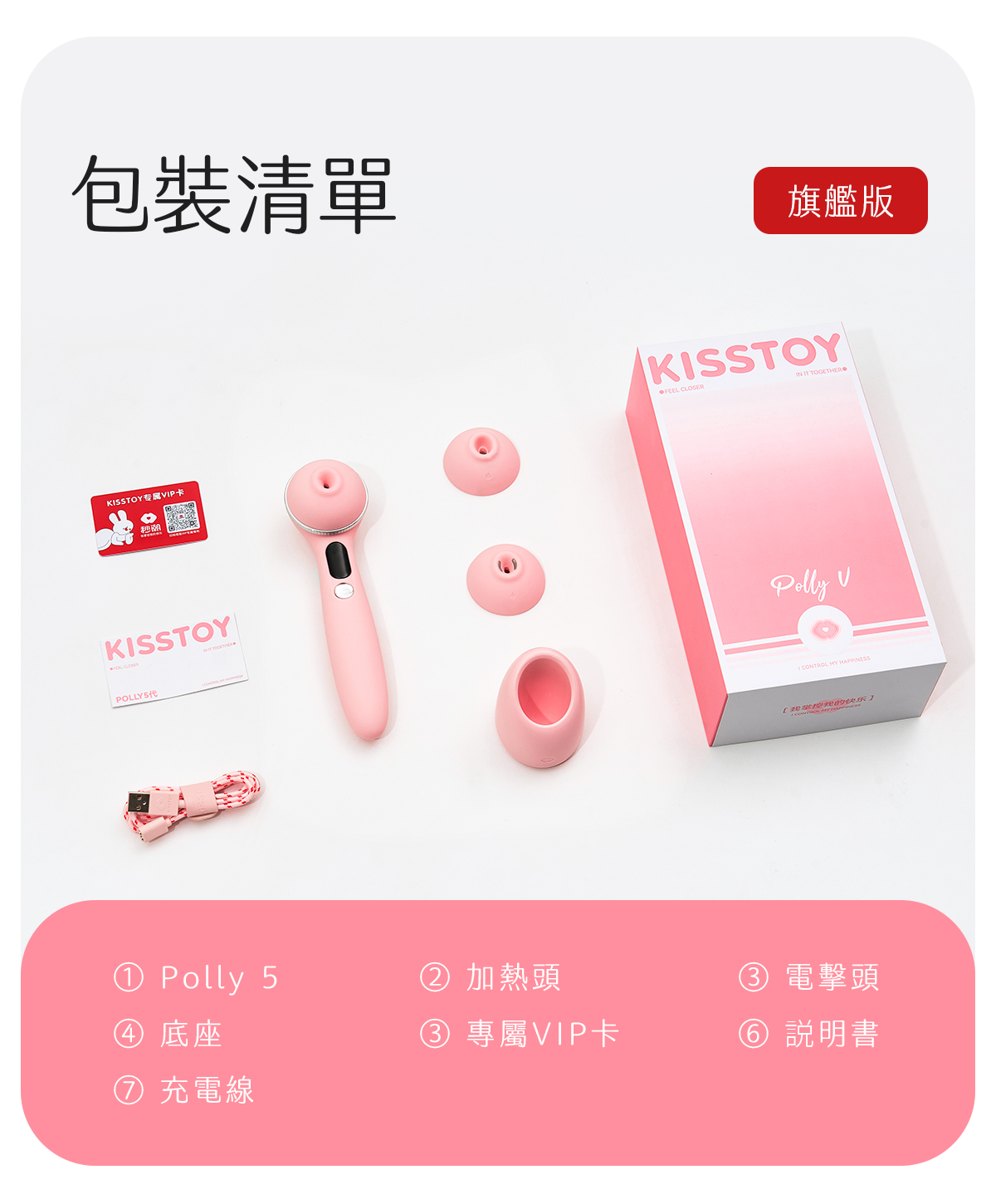Kisstoy Polly5 秒潮5代隱密包裝出貨，展示旗艦版增加加熱頭與電擊頭的完整配件。