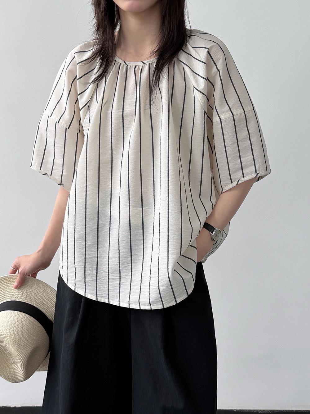 No.1718 棉麻圓領條紋泡泡袖襯衫