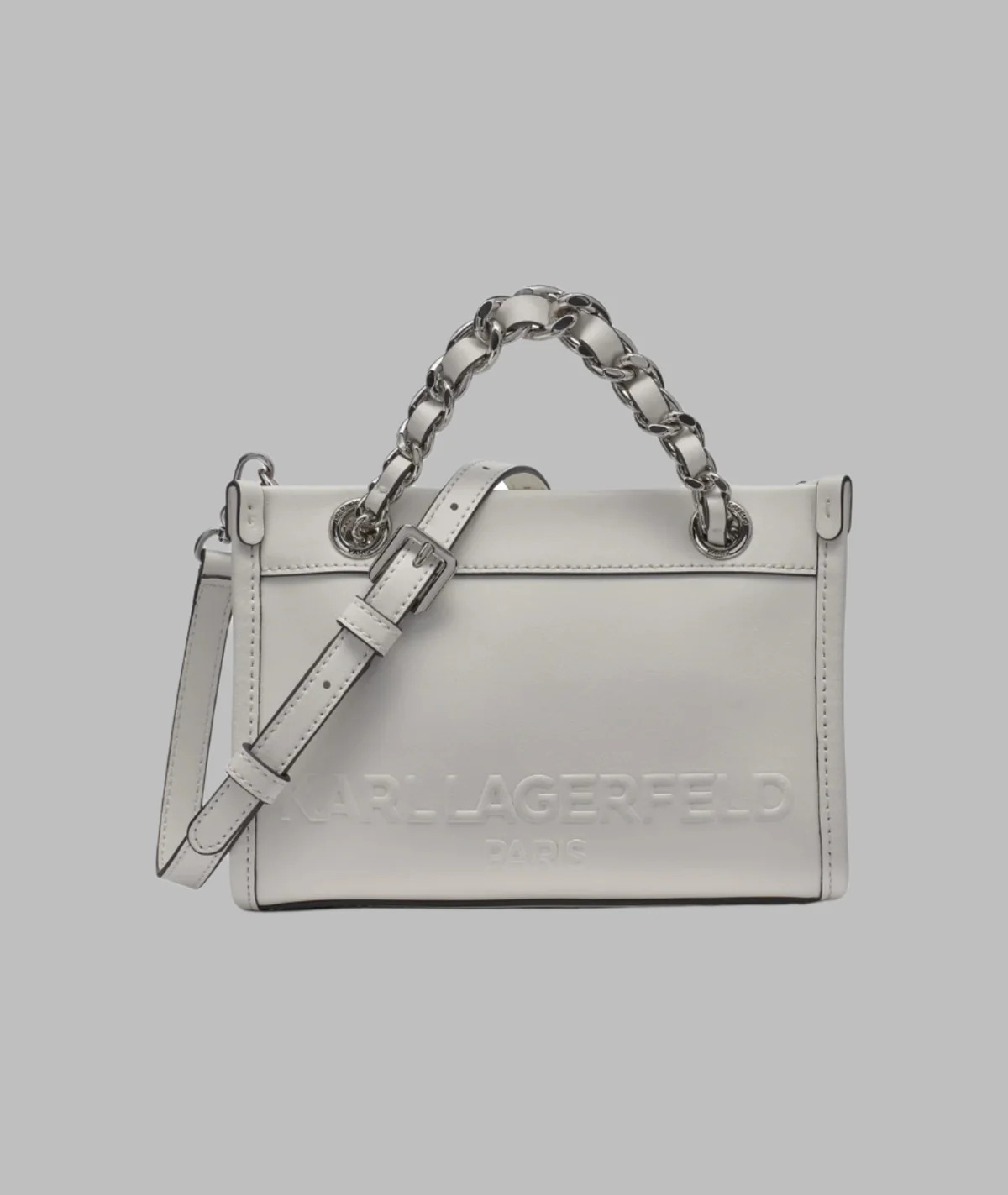 [S] KARL LAGERFELD WINTER WHITE/SILVER LH4EW2DP-W2V SAVOIE SMALL LEATHER CROSSBODY, 196788285569 (SKL1643)