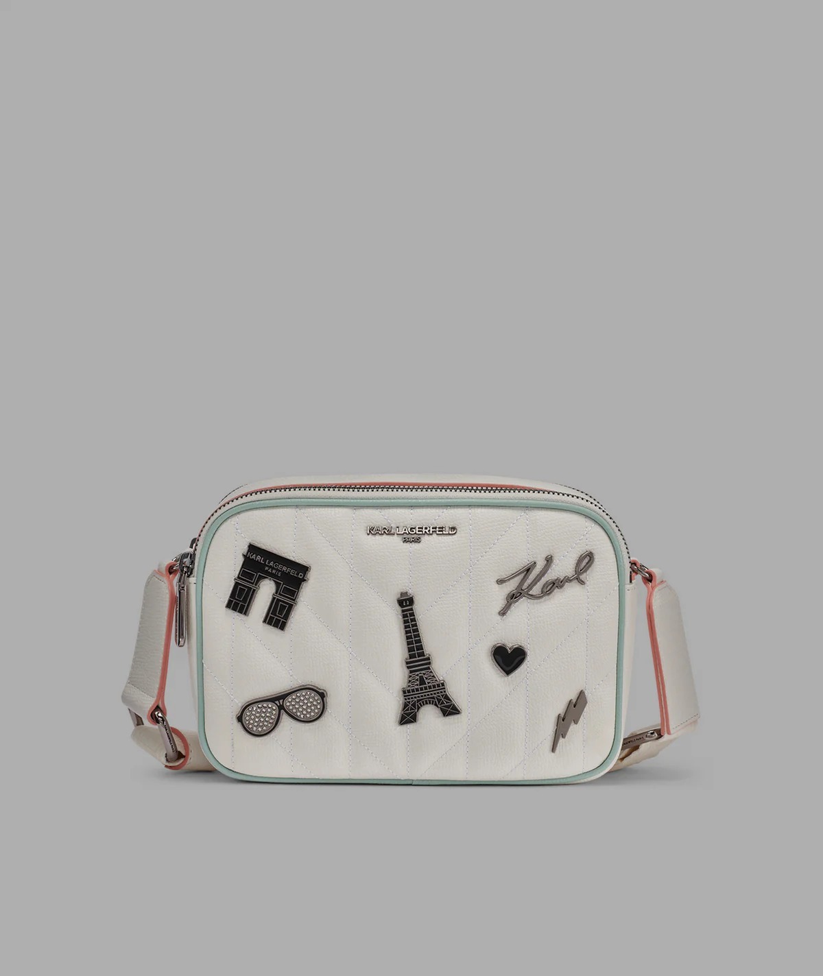 [S] KARL LAGERFELD WINTER WHITE/SILVER L6AEK9BJ-W2V MAYBELLE CROSSBODY WITH PARIS PINS, 198913617740 (SKL1644)