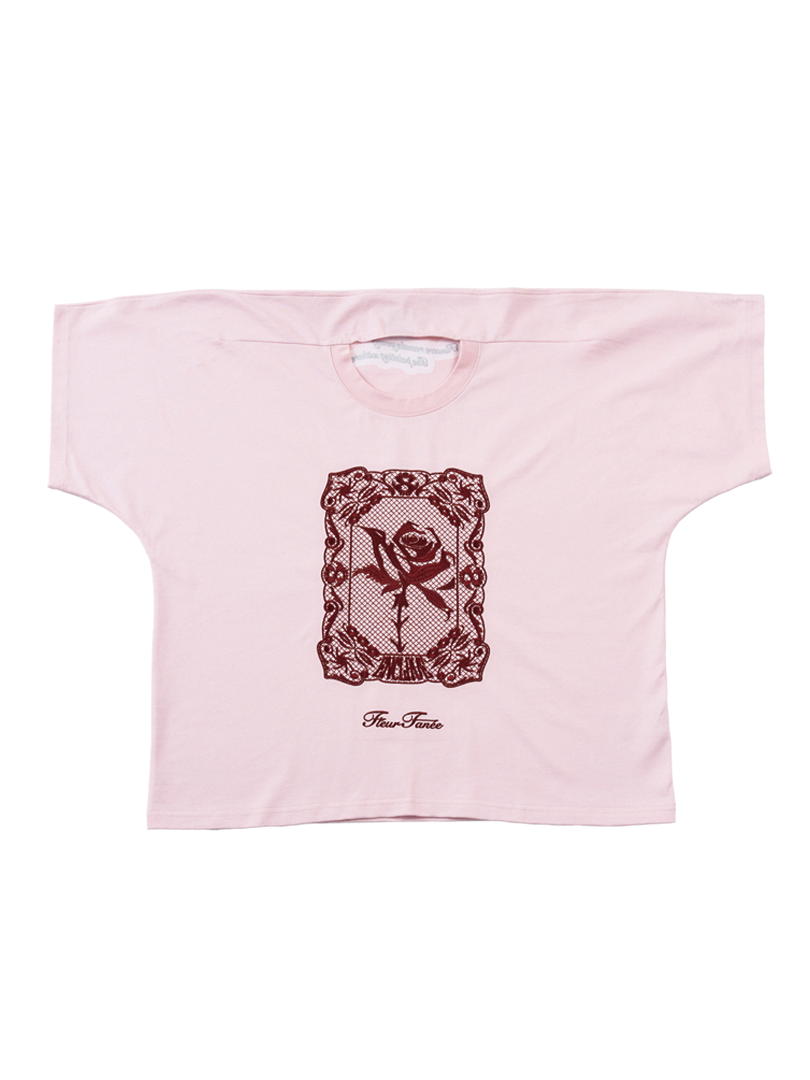 LACE-LOOKED EMBROIDERED SHORT-SLEEVE “JUST LIKE T” TEE