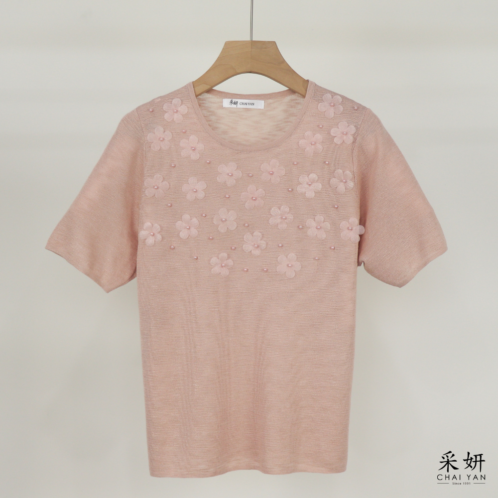 珍珠花朵針織短袖上衣