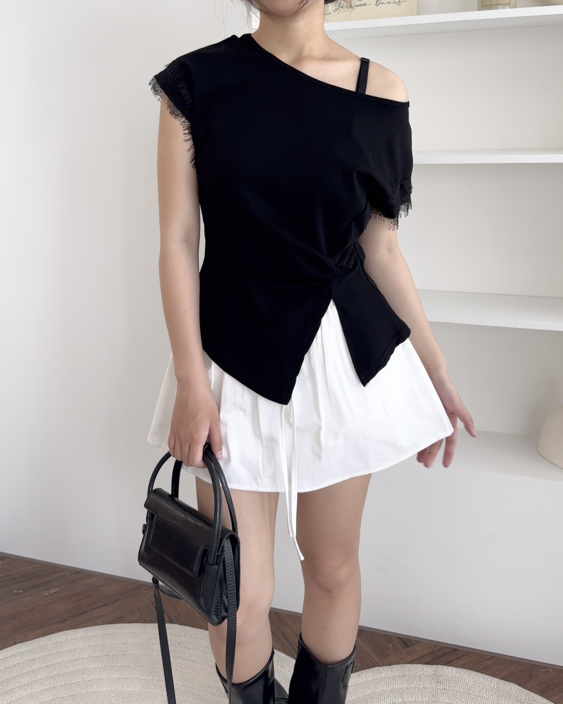 法朵Fado shop｜拚袖蕾絲抓摺棉T 0215141 三色