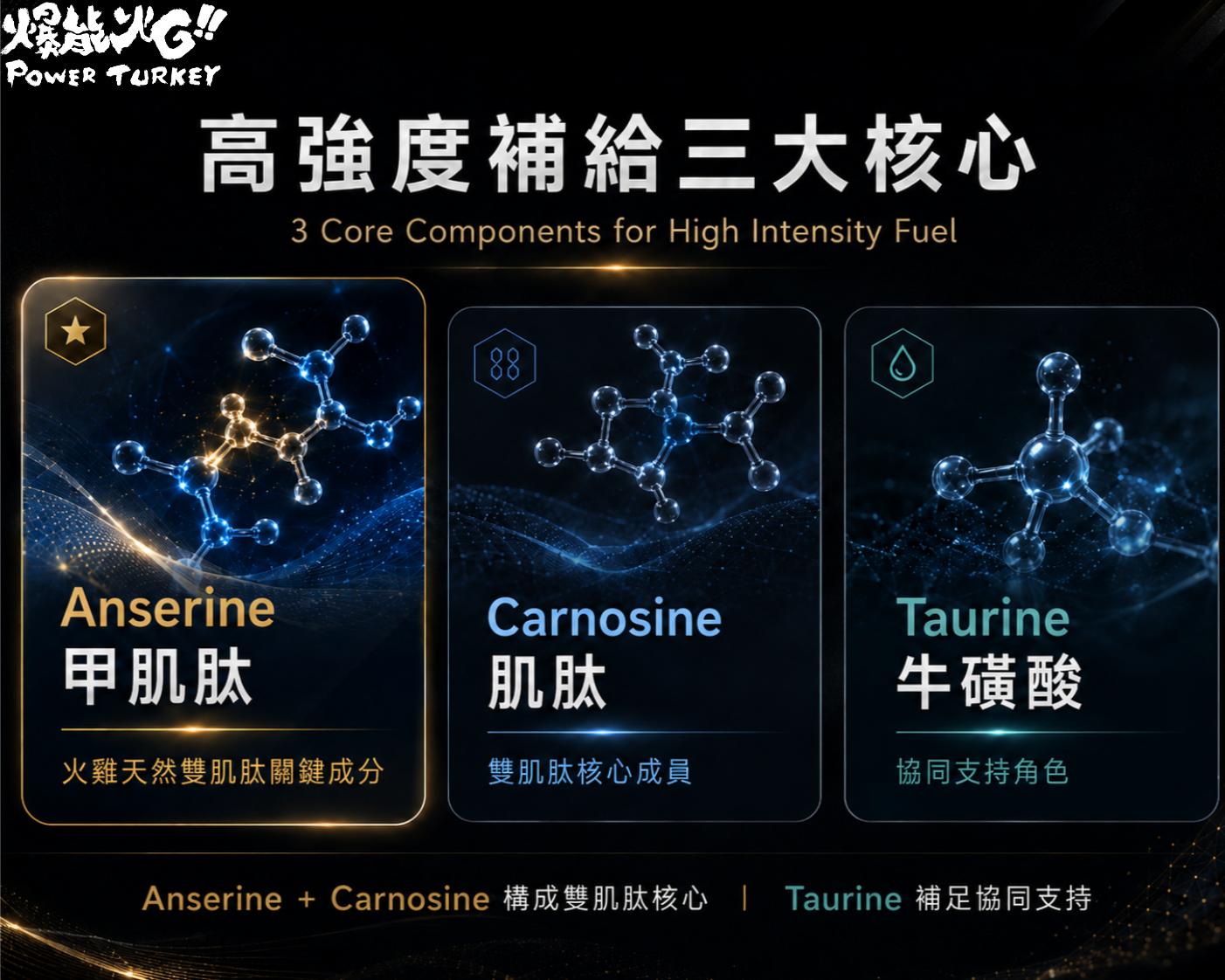 【火雞爆能肌肽飲】Anserine 甲肌肽 + Carnosine 肌肽 的雙肌肽組合以及牛磺酸的協同角色是高強度補給關鍵的3大核心營養成分__MIGHTY GT TURKEY SHOT_爆能火G_趕食髦
