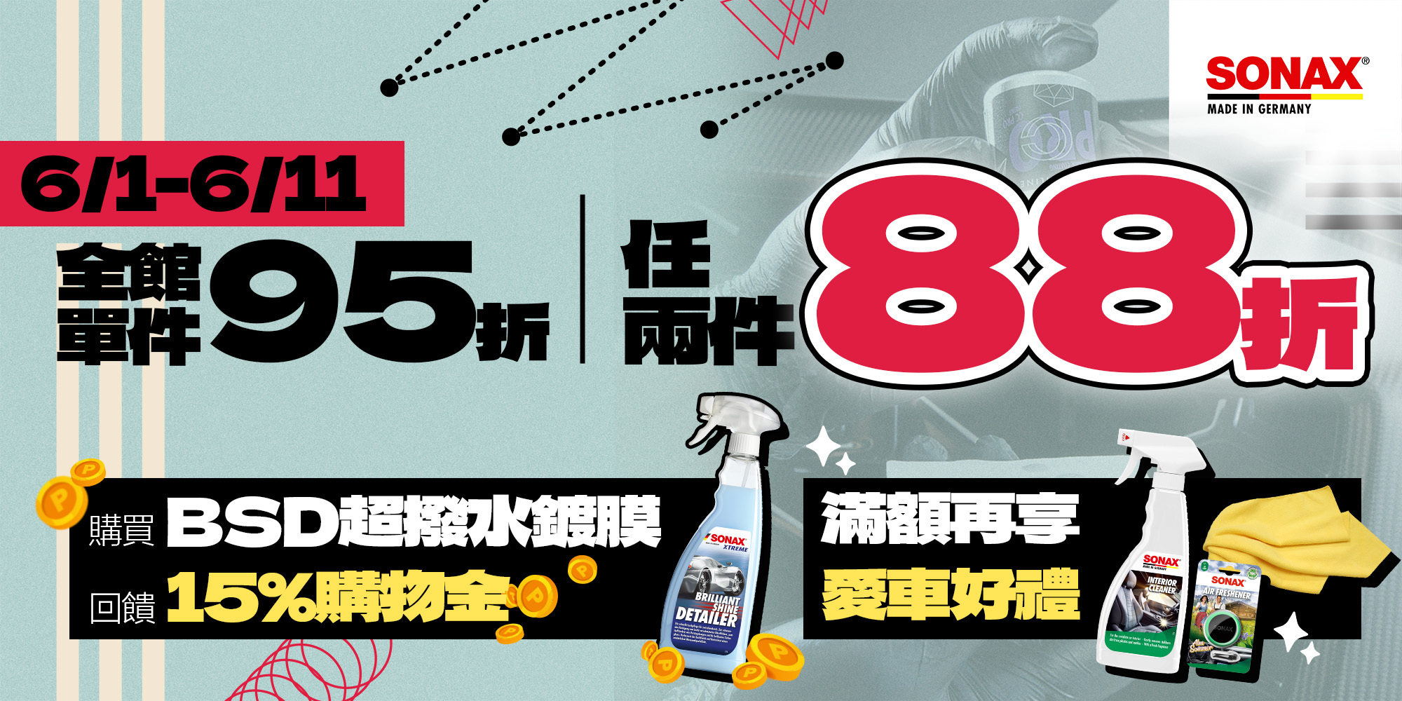SONAX｜限時感恩回饋｜購買BSD超撥水鍍膜回饋15%｜滿$399享超商免運