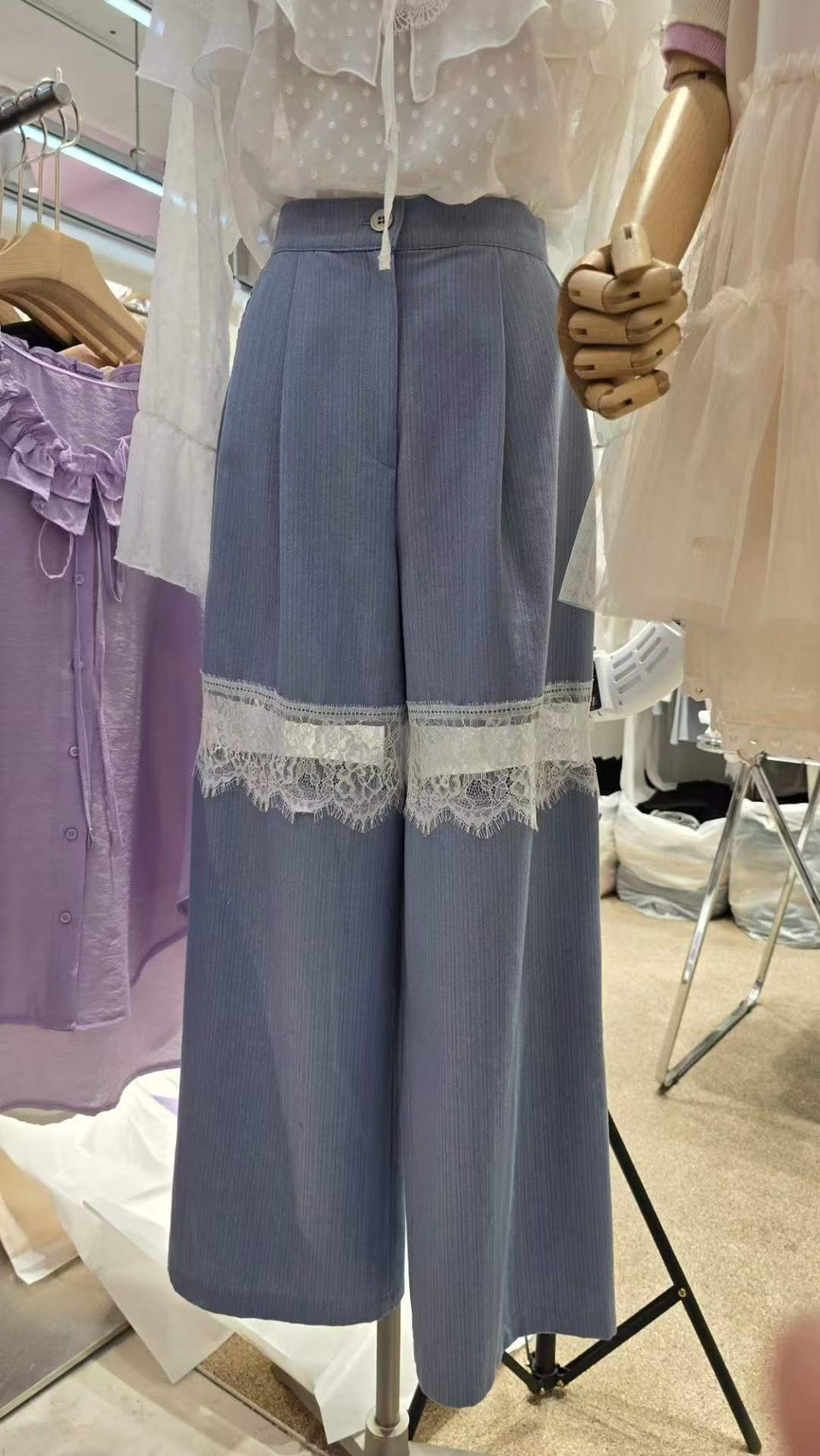蕾絲透視棉麻長褲