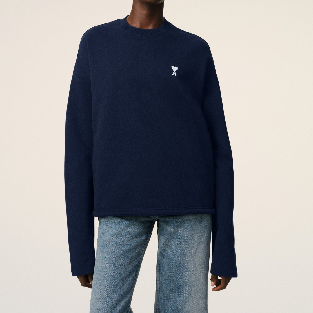 1LN0307-011 AMI Paris Classic Fit Ami De Coeur Organic Cotton Fleece Sweatshirt Navy #FSW060-730-430 (C-NB-E)