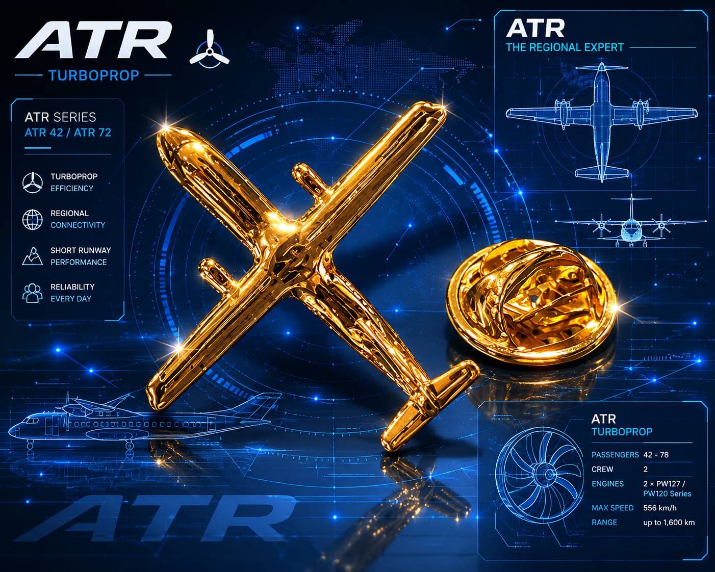 ATR72 鍍金盒裝飛機胸針