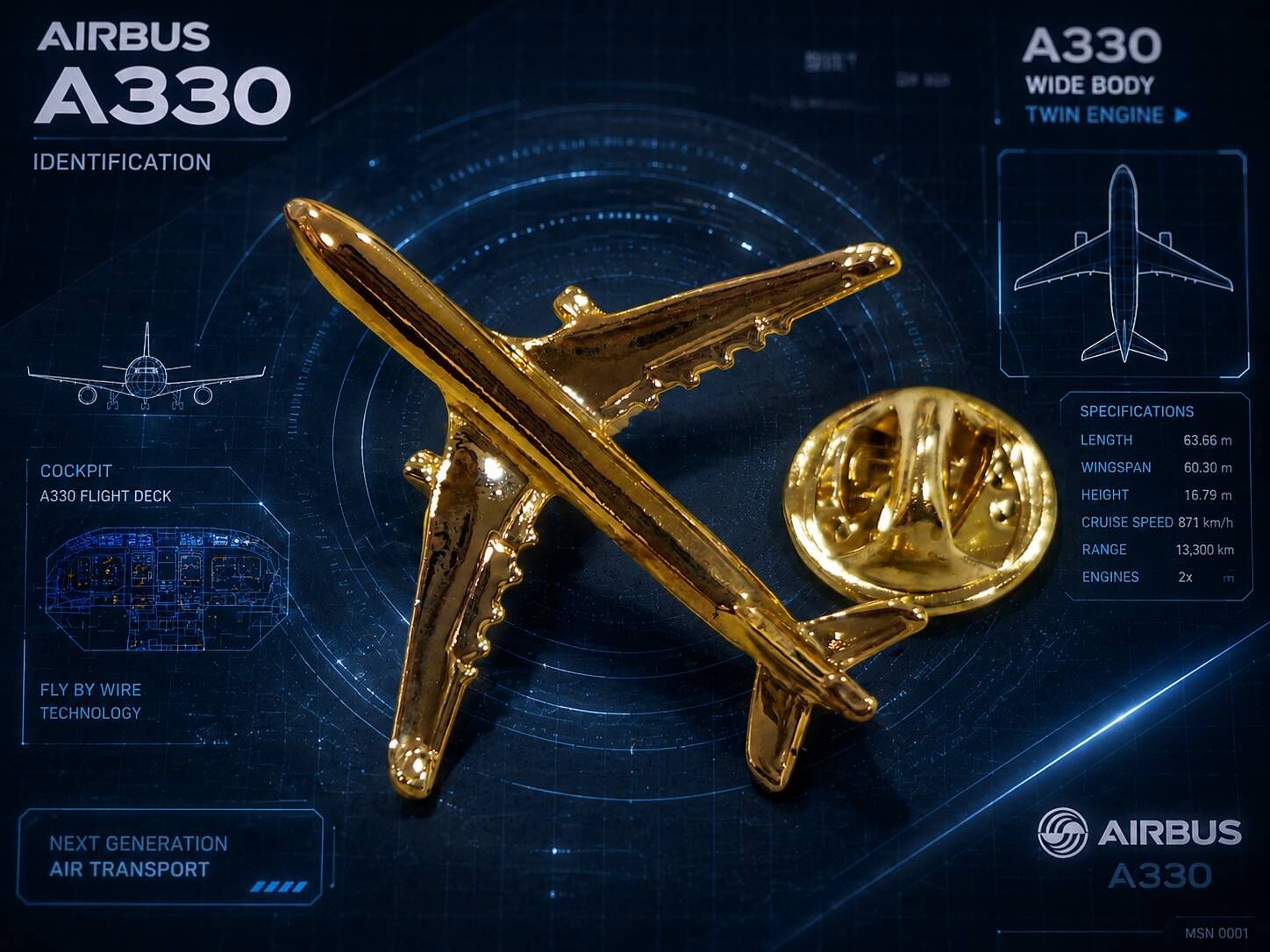 飛機館原創 AIRBUS A330 鍍金盒裝飛機胸針