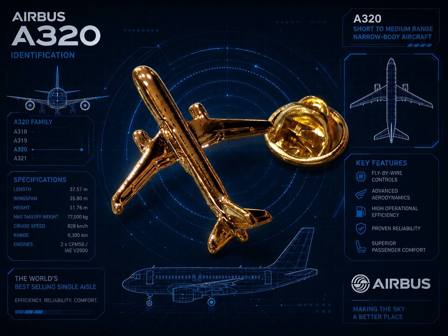 飛機館原創 AIRBUS A320 鍍金盒裝飛機胸針