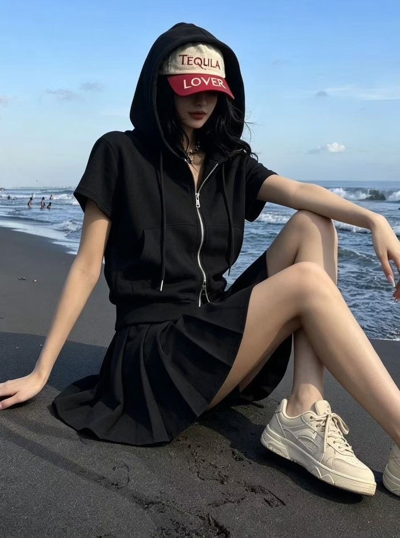 雙拉鍊口袋連帽外+短褲裙
