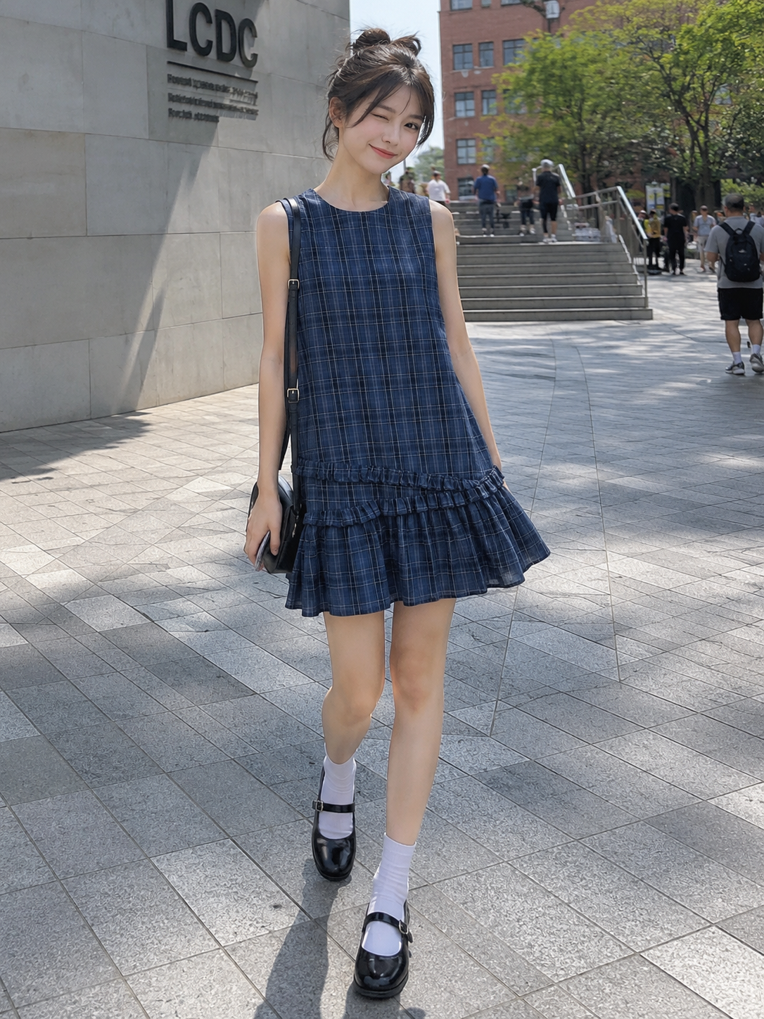 SLEEVELESS FRILLS CHECKED SHORT DRESS