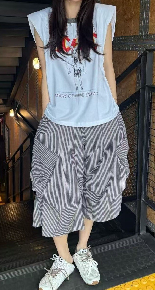 條紋雙口袋7分丹寧褲