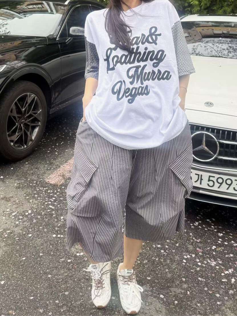 條紋雙口袋7分丹寧褲