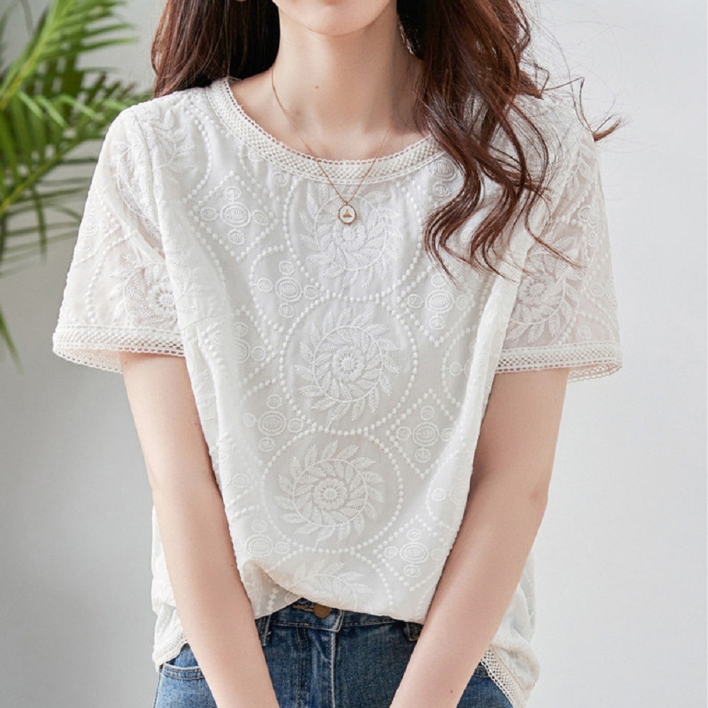【ASister 小姊姊】AS2497#女裝｜上衣☆圓領蕾絲花邊刺繡花紋雪紡上衣(白色 S-2XL)