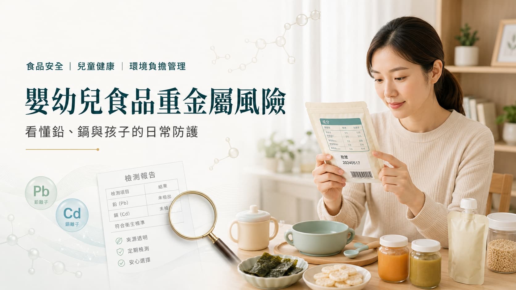 嬰幼兒食品重金屬風險|寶寶副食品與鉛鎘日常防護 家長查看寶寶副食品與嬰幼兒食品標示,說明嬰幼兒食品重金屬風險與鉛鎘日常防護