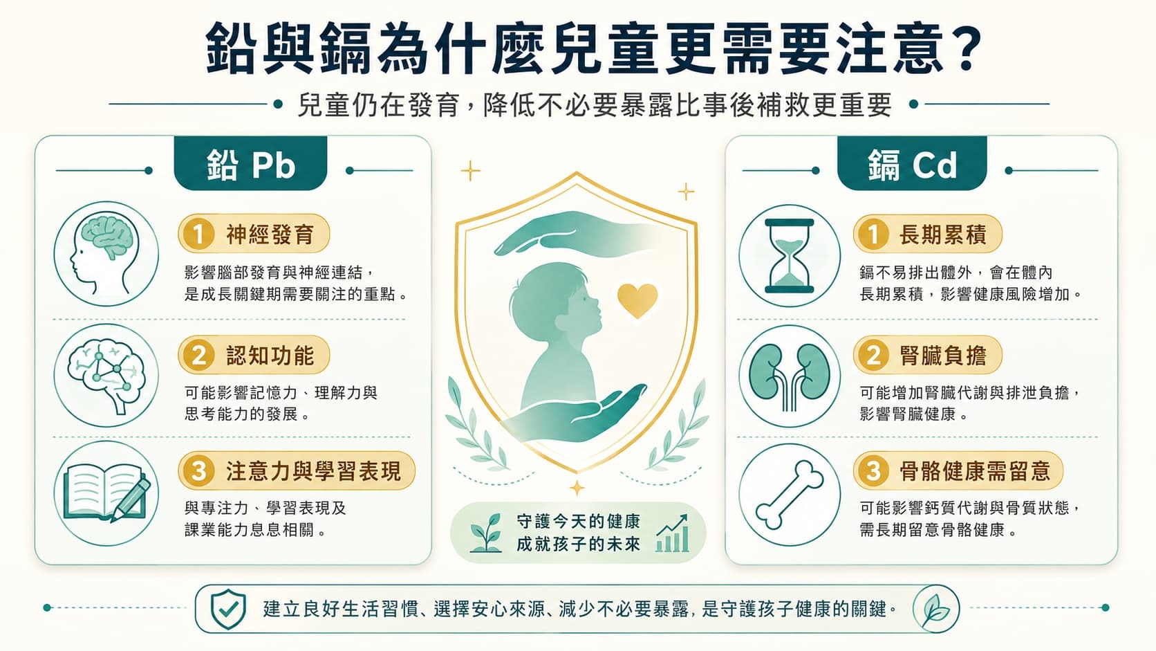 鉛與鎘為什麼兒童更需要注意 鉛與鎘對兒童神經發育認知功能注意力腎臟負擔與骨骼健康需留意的醫學科普圖