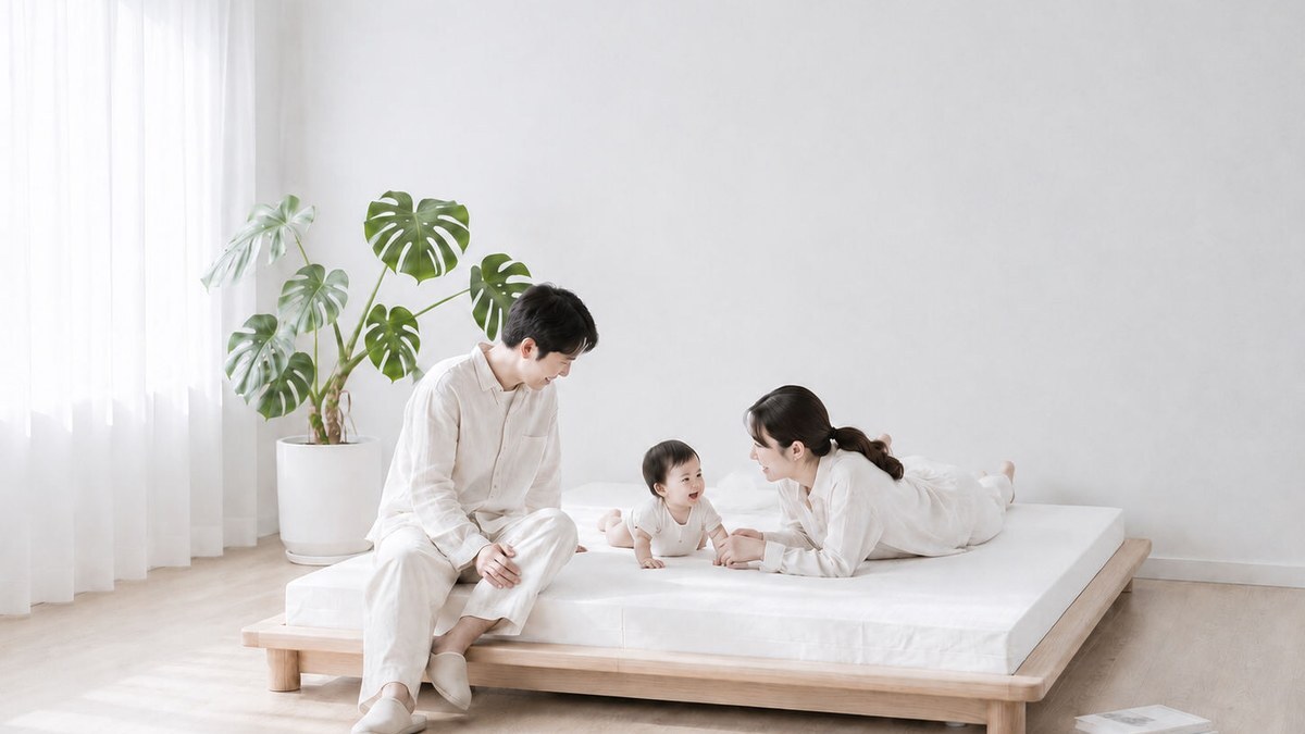 森好眠乳膠床墊母嬰安全，一家三口在天然乳膠床上