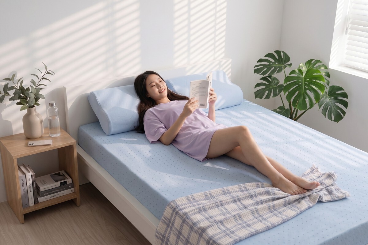 女性正躺在森好眠乳膠床墊上，腰部與背部獲得均勻支撐