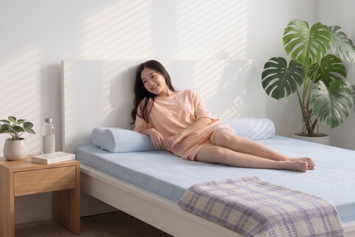 女性在森好眠吸濕排汗乳膠床墊上雙手上舉伸展，晨起神清氣爽，整夜乾爽舒適