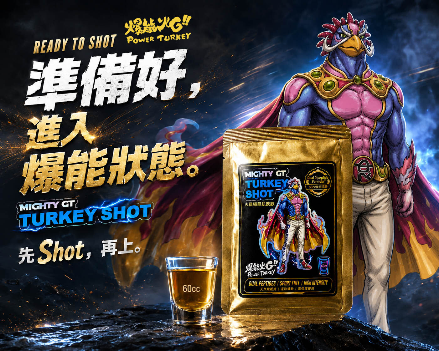 【火雞爆能肌肽飲】準備好，進入爆能狀態。一口 TURKEY SHOT， 把火雞天然雙肌肽補進你的下一次高強度挑戰。先 Shot，再上。__MIGHTY GT TURKEY SHOT_爆能火G_趕食髦