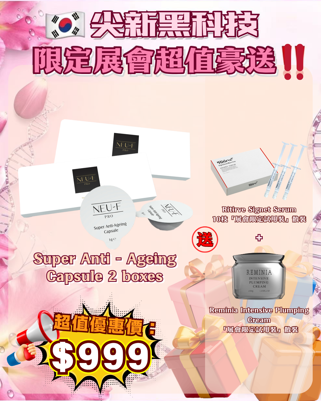 會場獨家限時狂歡 - Neu-F Pro Super Anti - Ageing Capsule 2盒 送 Ritirve Signet Serum 10枝 + Reminia Intensive Plumping Cream（貨期截單後兩個月）
