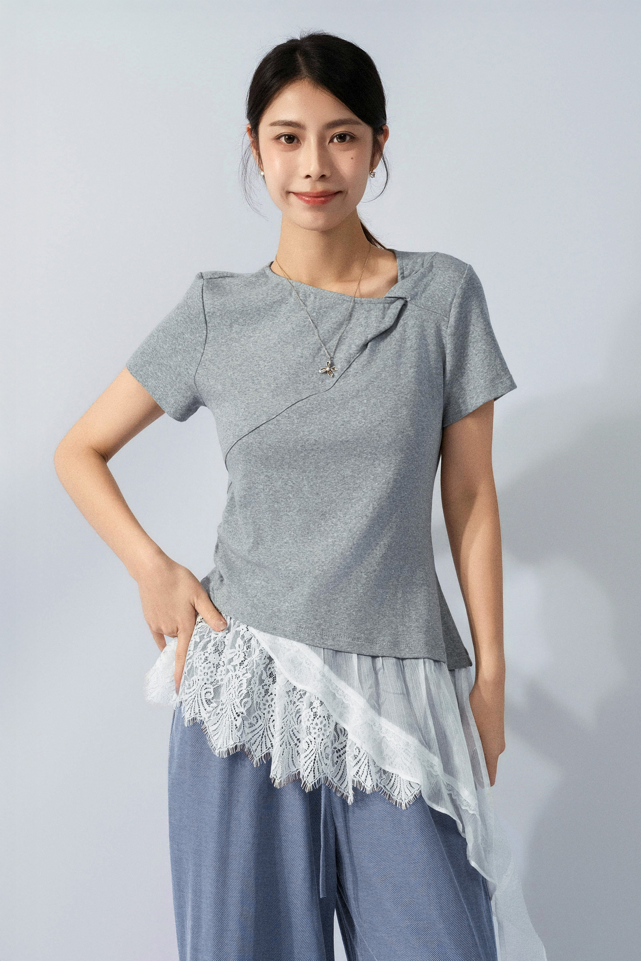 尖尾雪紡蕾絲腳特式領tee (預購產品）
