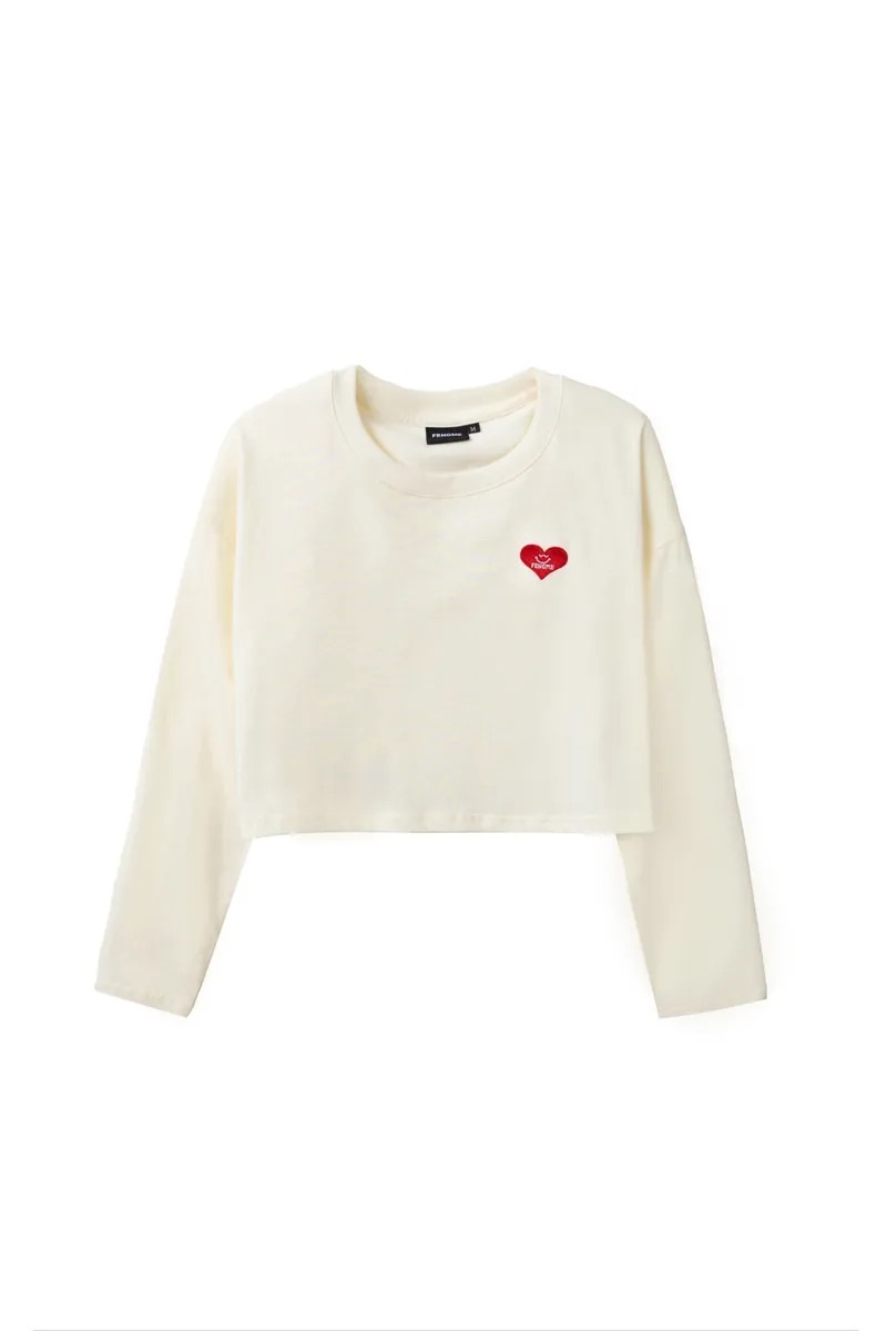 FENGME x Kimi Ji Smiley Heart Embroidery Cropped Long Sleeve Shirt - Cream