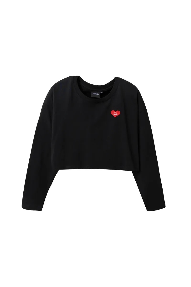FENGME x Kimi Ji Smiley Heart Embroidery Cropped Long Sleeve Shirt - Black