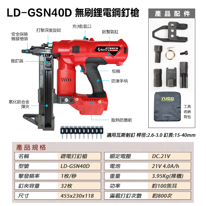 附發票｜LD-GSN40D｜無刷鋰電鋼釘槍 瓦斯釘槍 無碳刷 不用瓦斯氣體 鋼構釘槍 鋼釘槍 混凝土釘槍