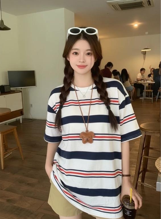 【直播】BUY LOVE BL052810 女裝美式復古條紋短袖上衣