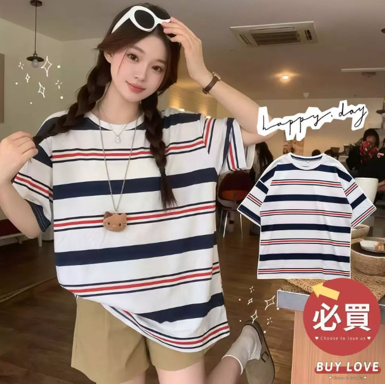 【直播】BUY LOVE BL052810 女裝美式復古條紋短袖上衣