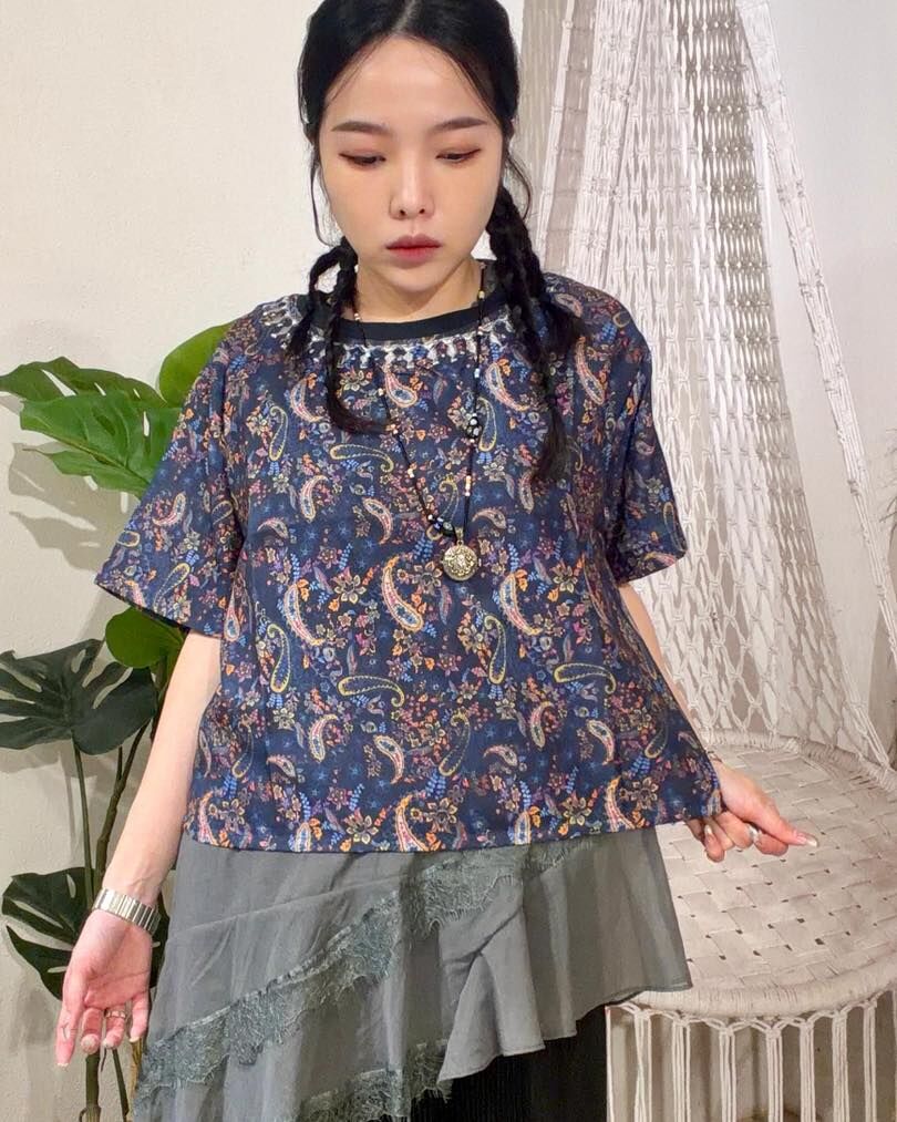 Macrame 刺繡圓領上衣  - M3944C - blue (0527)