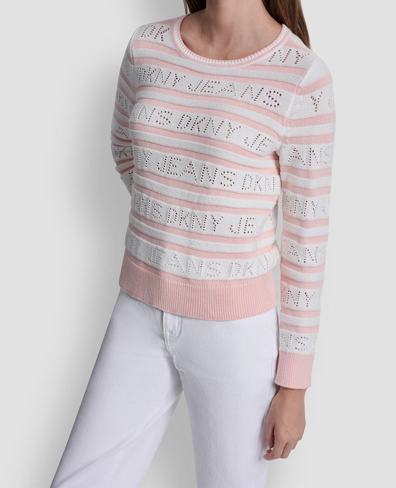 [S] DKNY IVORY/PEACH SPRITZ LOGO POINTELLE STRIPED SWEATER, DJ6R0247-CSC (SD1891)