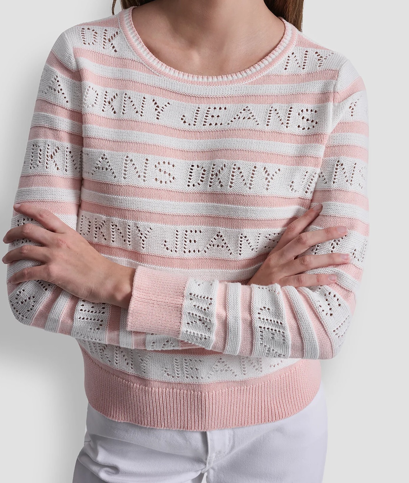 [S] DKNY IVORY/PEACH SPRITZ LOGO POINTELLE STRIPED SWEATER, DJ6R0247-CSC (SD1891)