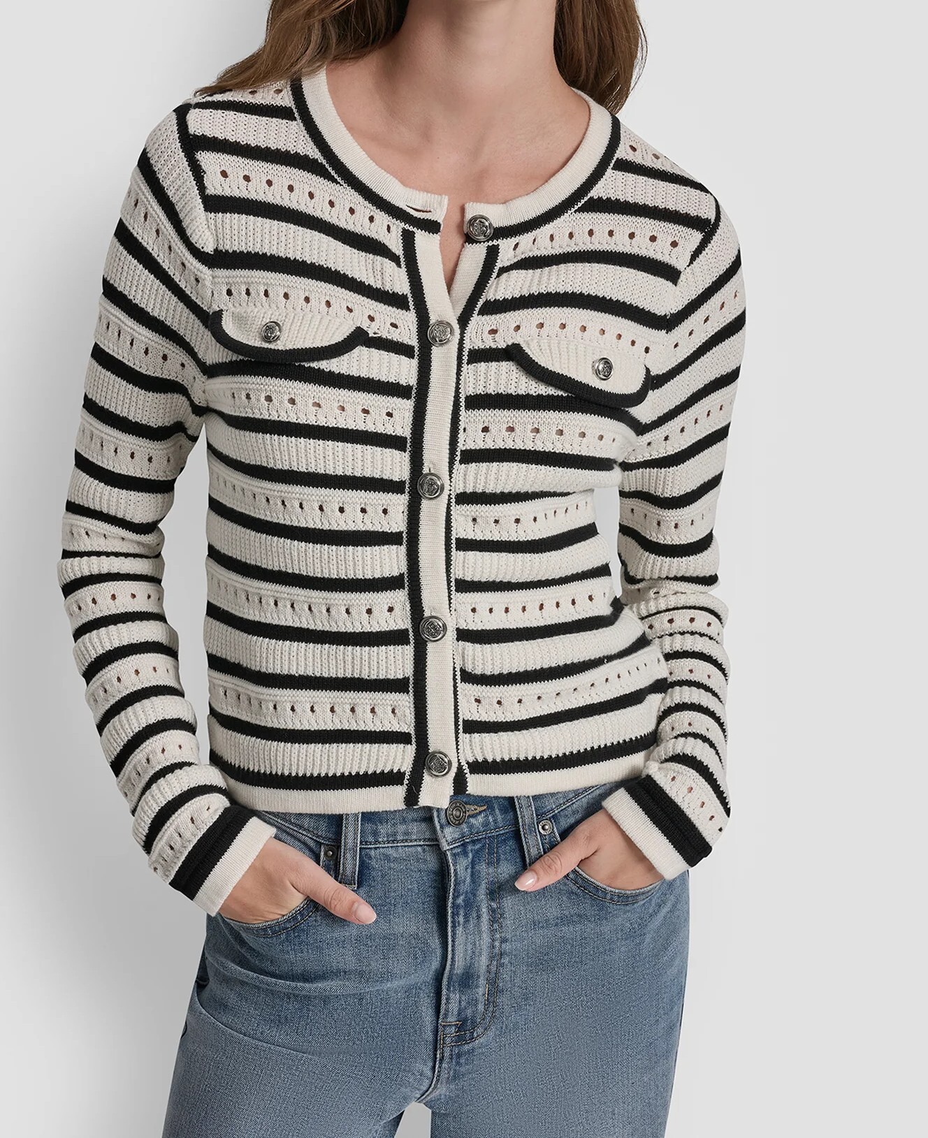[S] DKNY IVORY/BLACK POINTELLE STRIPED CARDIGAN, DJ6R0235-IVK (SD1893)
