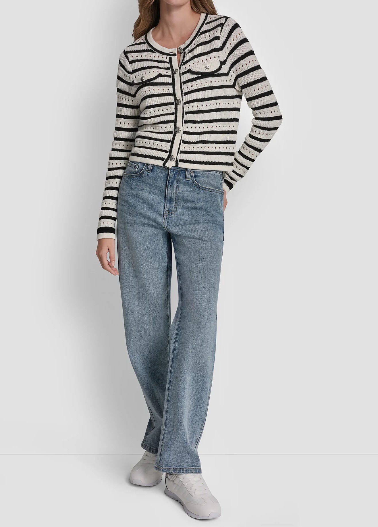 [S] DKNY IVORY/BLACK POINTELLE STRIPED CARDIGAN, DJ6R0235-IVK (SD1893)