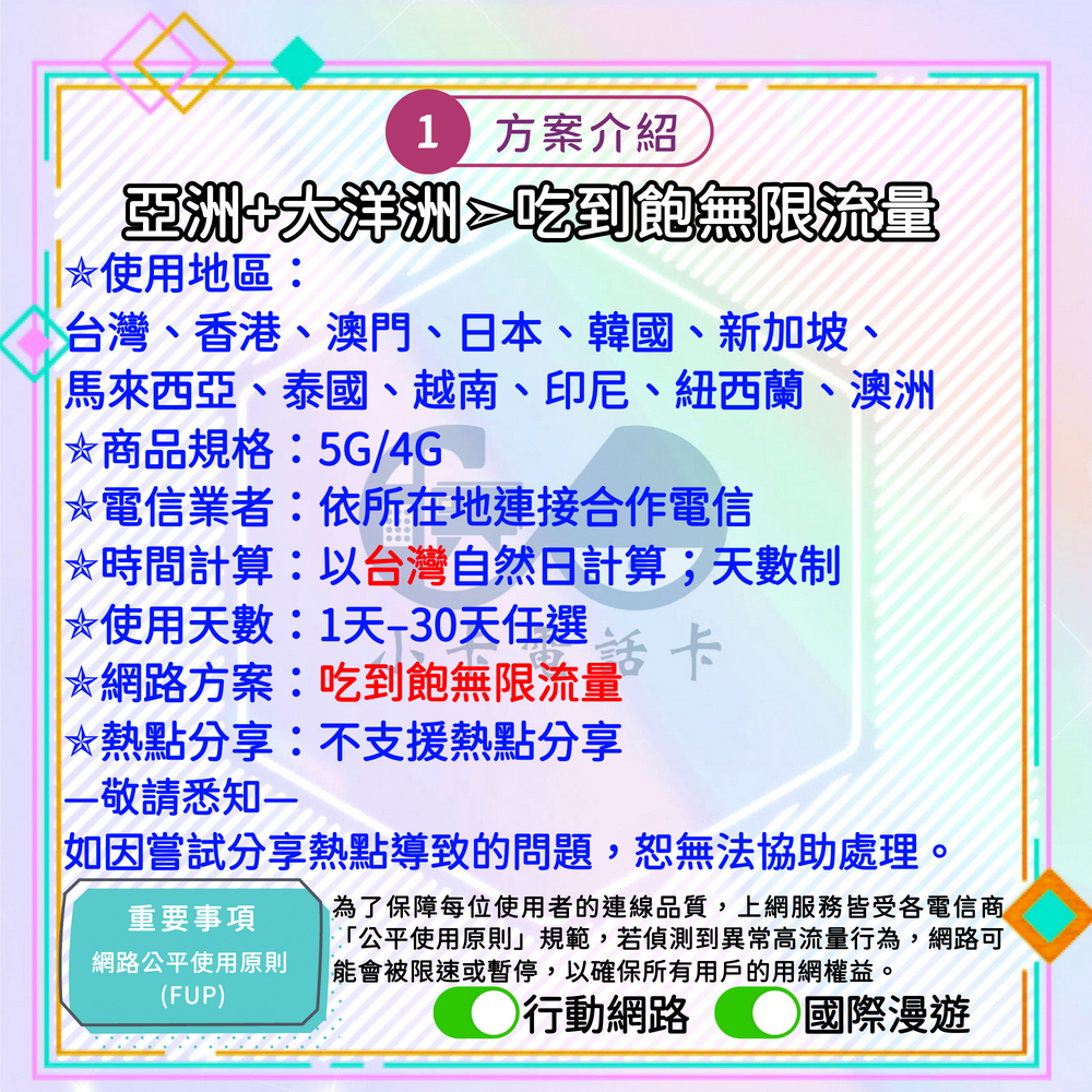 【SIM卡】亞洲＋大洋洲多國通用上網卡｜台灣、日韓、港澳、東南亞、澳紐〈隨插即用、簡易開通、熱點分享〉