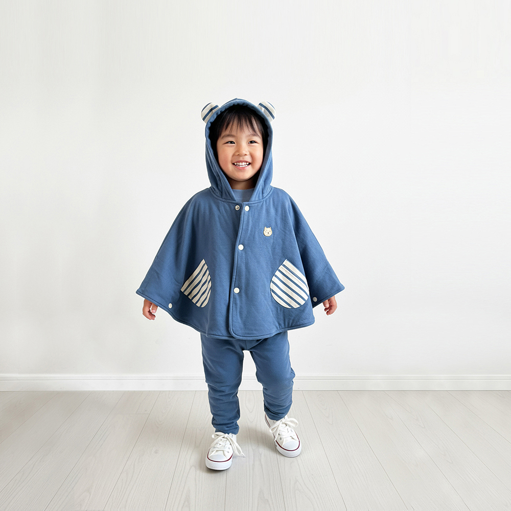 有機棉嬰幼兒熊耳連帽鋪棉斗篷-靛藍 | 藍天畫布有機棉