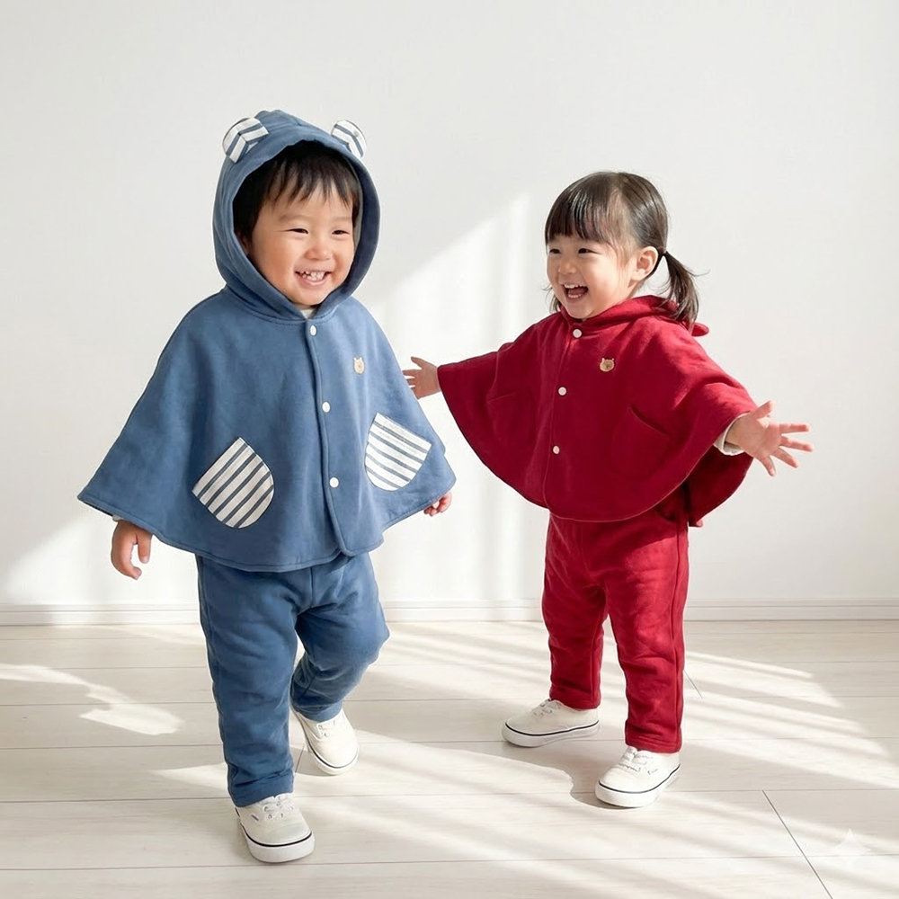 有機棉嬰幼兒熊耳連帽鋪棉斗篷-靛藍 | 藍天畫布有機棉