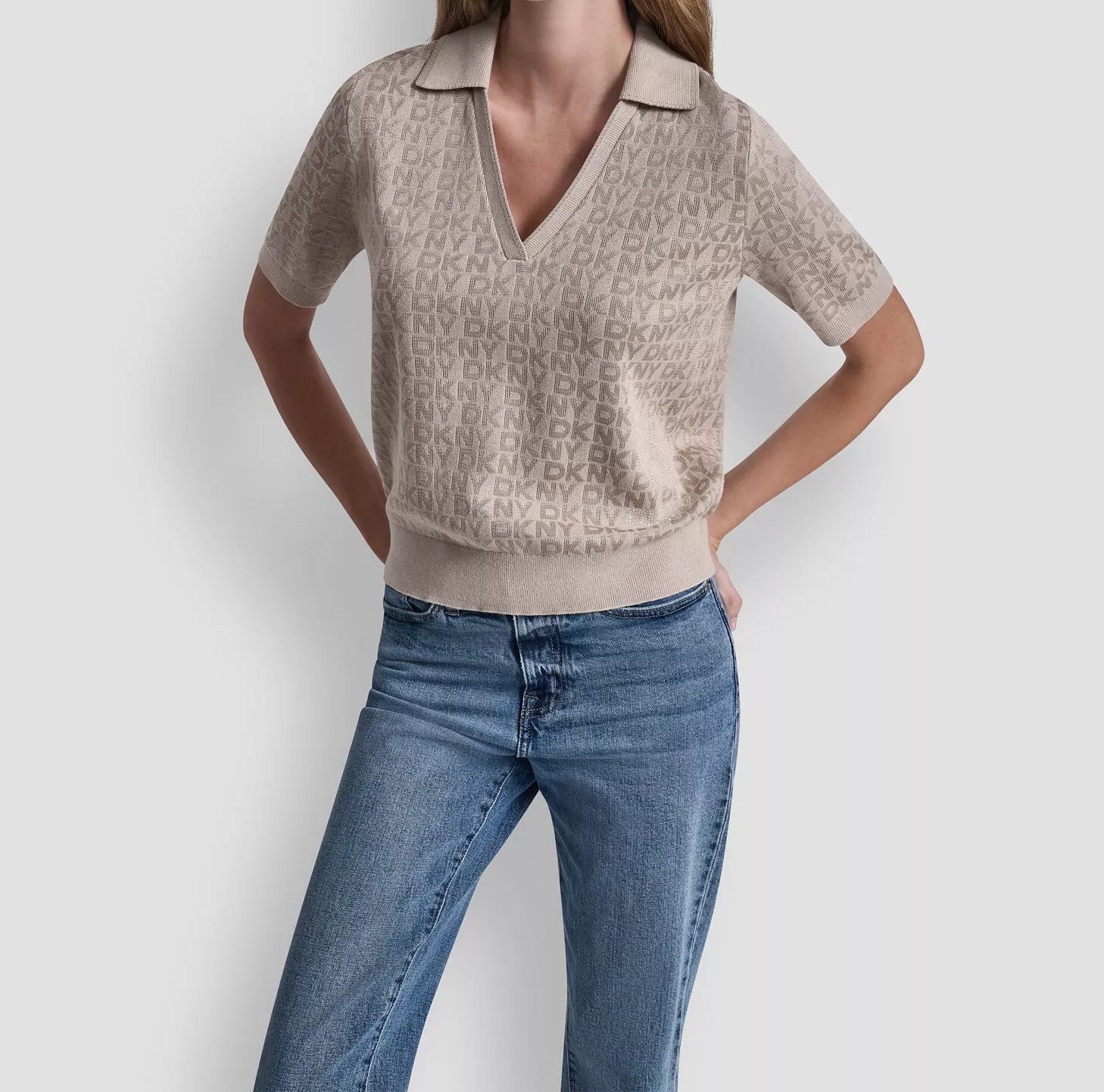 [S] DKNY PEBBLE POLO COLLAR SWEATER WITH RHINESTONE LOGO, DJ6R0225-PBL (SD1899)