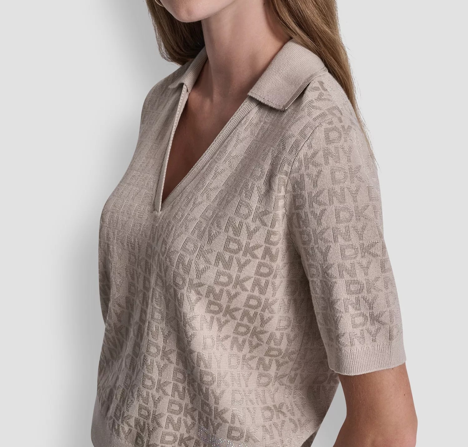 [S] DKNY PEBBLE POLO COLLAR SWEATER WITH RHINESTONE LOGO, DJ6R0225-PBL (SD1899)