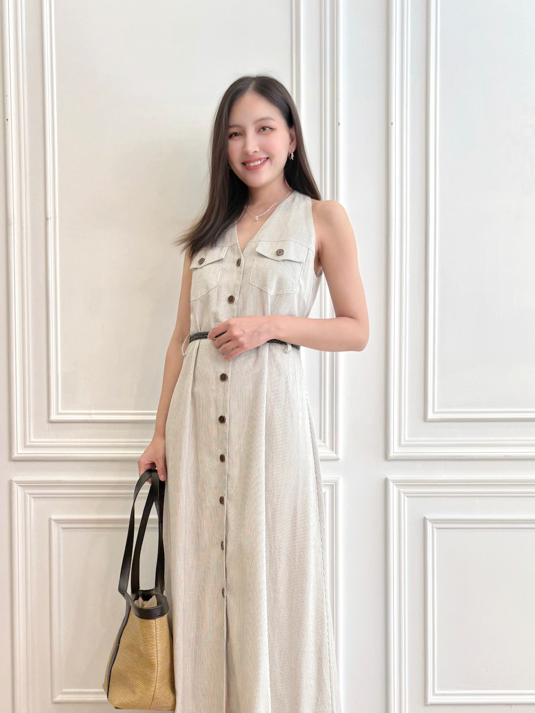 直條紋V領藤編腰帶長洋