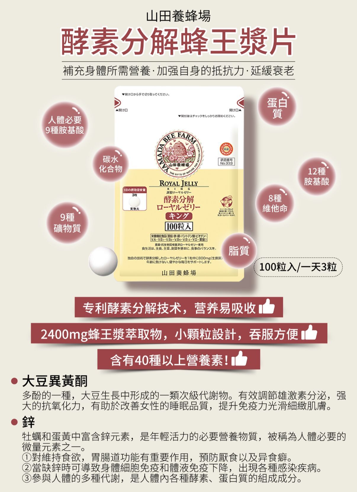 AE080【山田養蜂場】酵素分解蜂王漿片100粒 到期日：27年3月以后