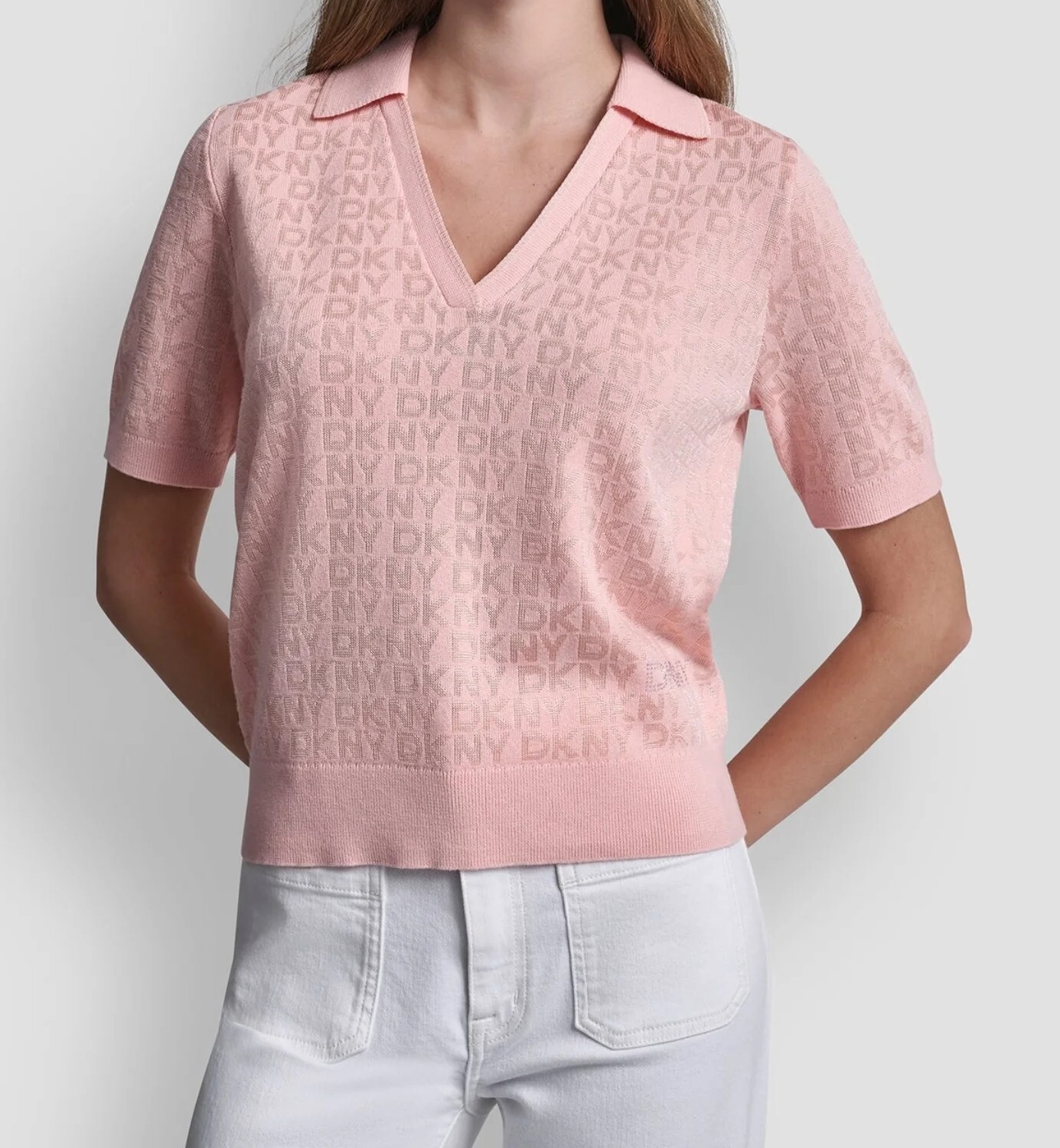 [S] DKNY PEBBLE POLO COLLAR SWEATER WITH RHINESTONE LOGO, DJ6R0225-GX0 (SD1900)