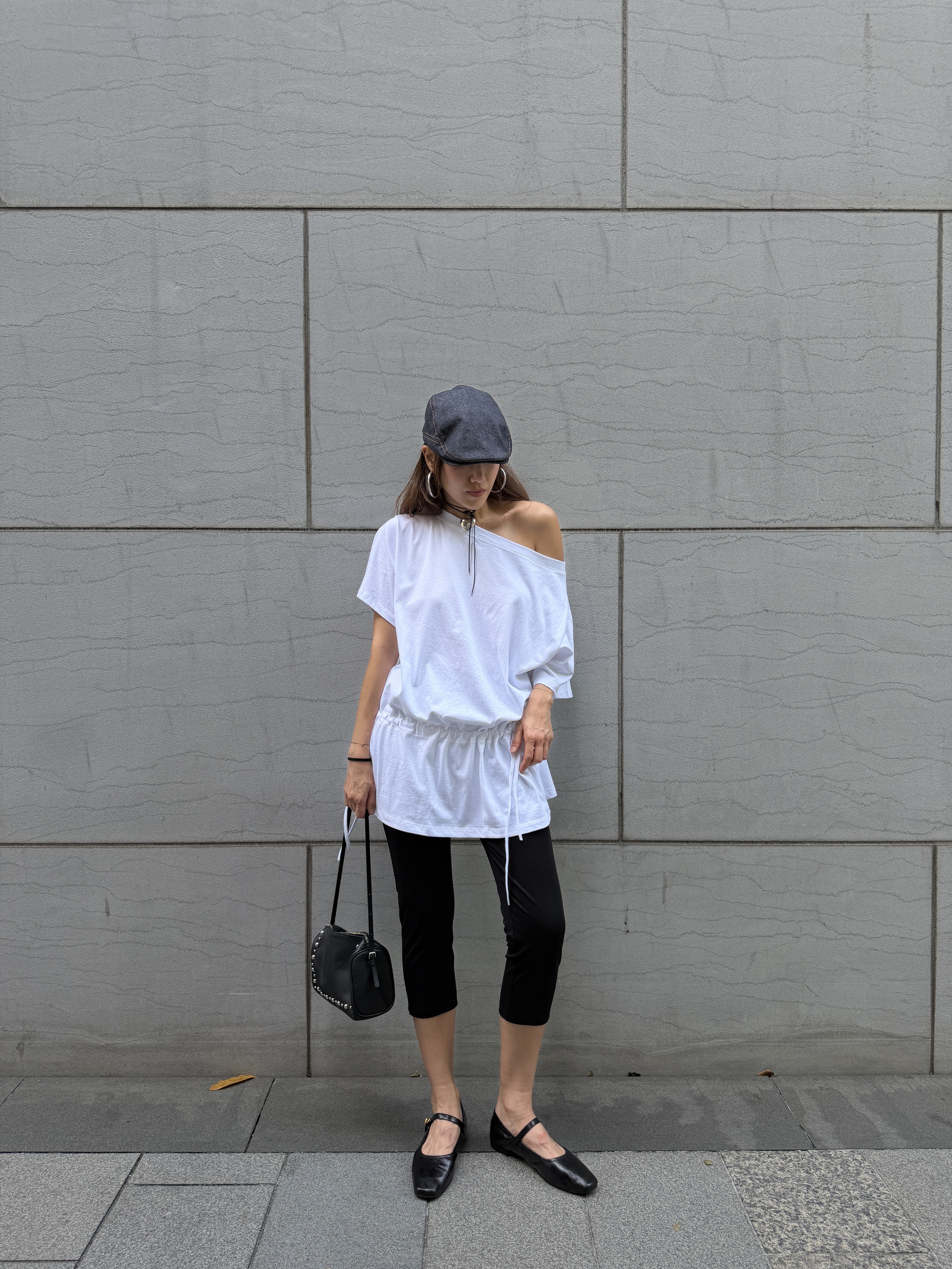 Drawstring off shoulder long tee