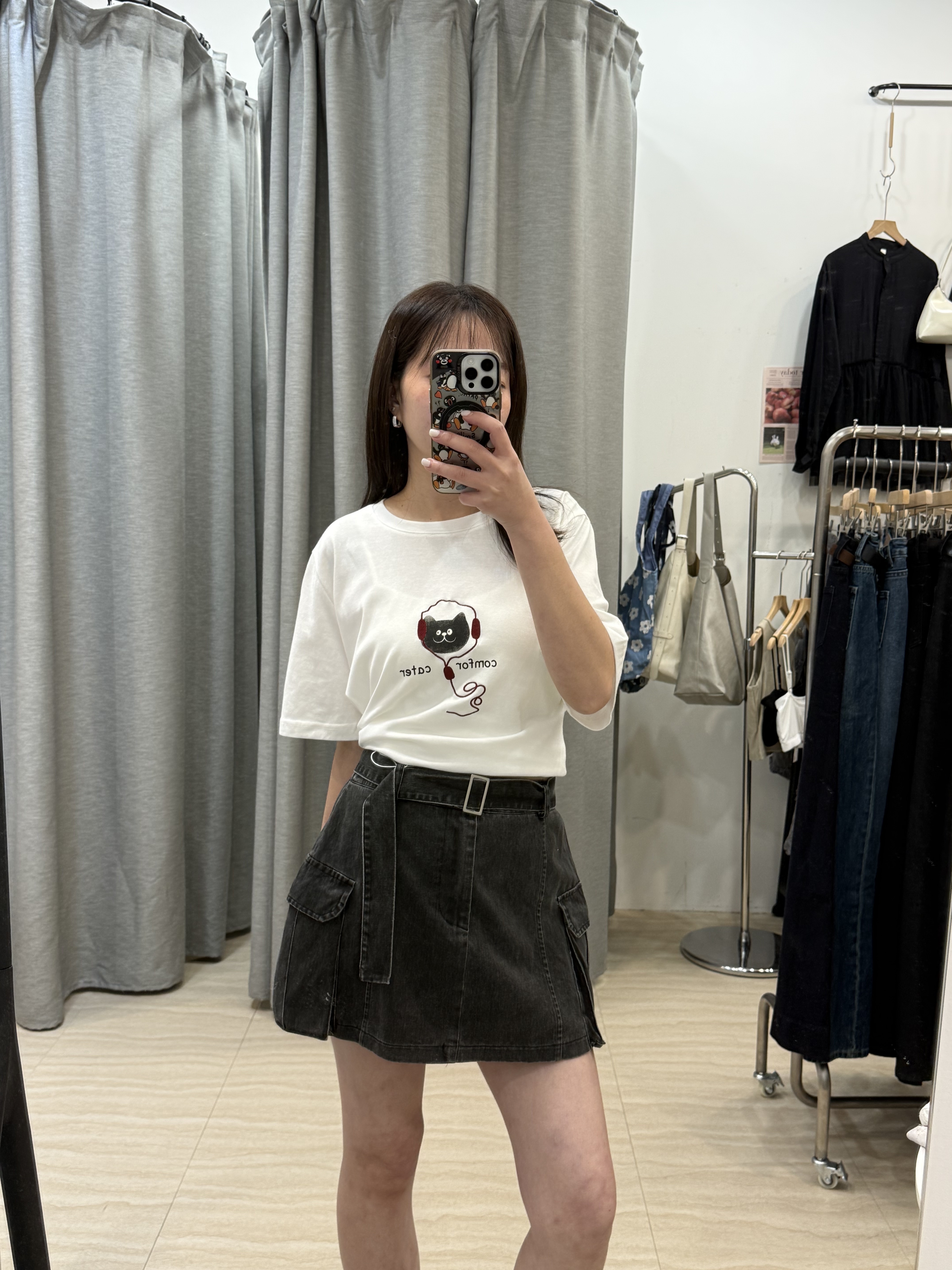 後鬆緊附腰帶水洗工裝短裙