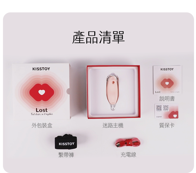 Kisstoy 迷路 手機遙控穿戴震蛋內容物一覽，展示外包裝盒、主機本體、說明書、質保卡、繫帶褲與專用充電線。