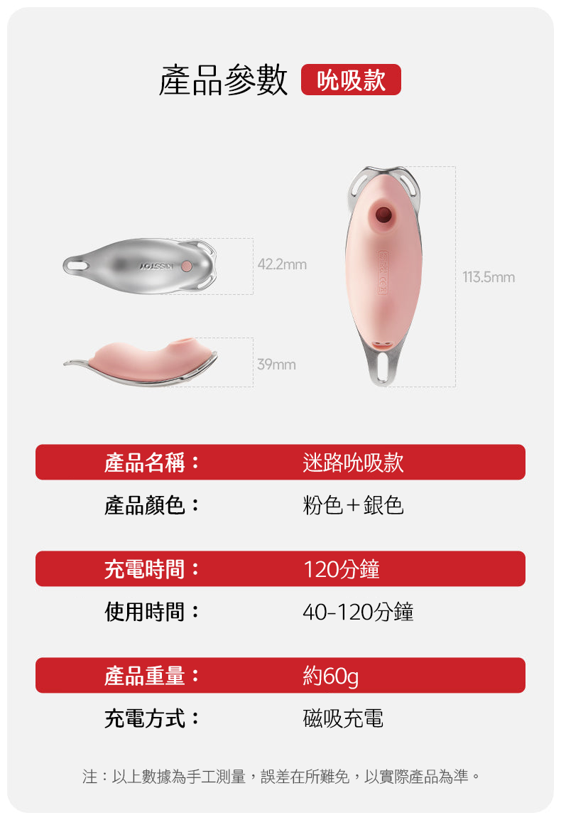 Kisstoy 迷路 手機遙控穿戴震蛋吸啜款規格，清楚展示產品的外觀尺寸、粉銀配色設計以及約60克的輕巧重量。