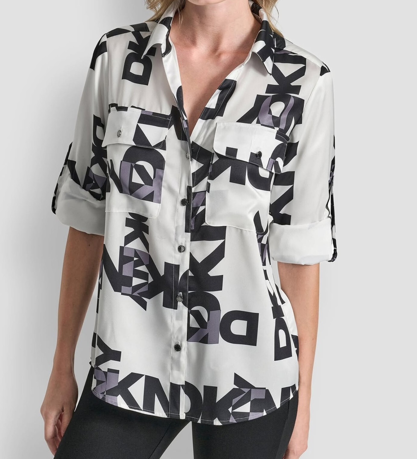 [S] DKNY WHITE/BLACK LOGO LONGSLEEVE SHIRT, P5RM7CHD-WHB (SD1892)